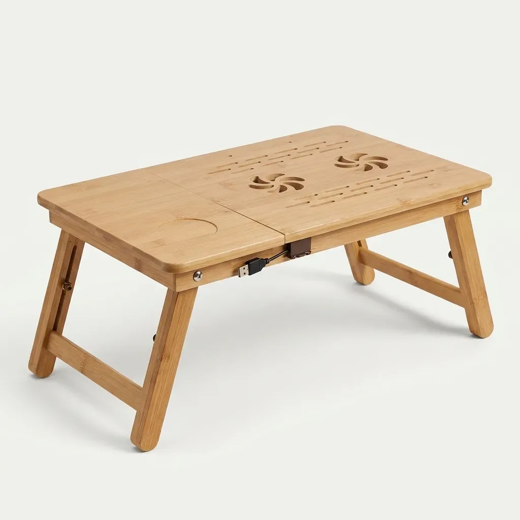 Natural bamboo foldable laptop table on a white background showing two cooling fan openings, ventilation slots, circular cup holder, folding legs, and USB connector.