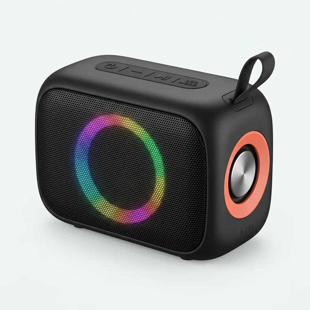 A-718 black wireless disco speaker with orange side accent, multicolor illuminated front ring, top controls and carrying loop