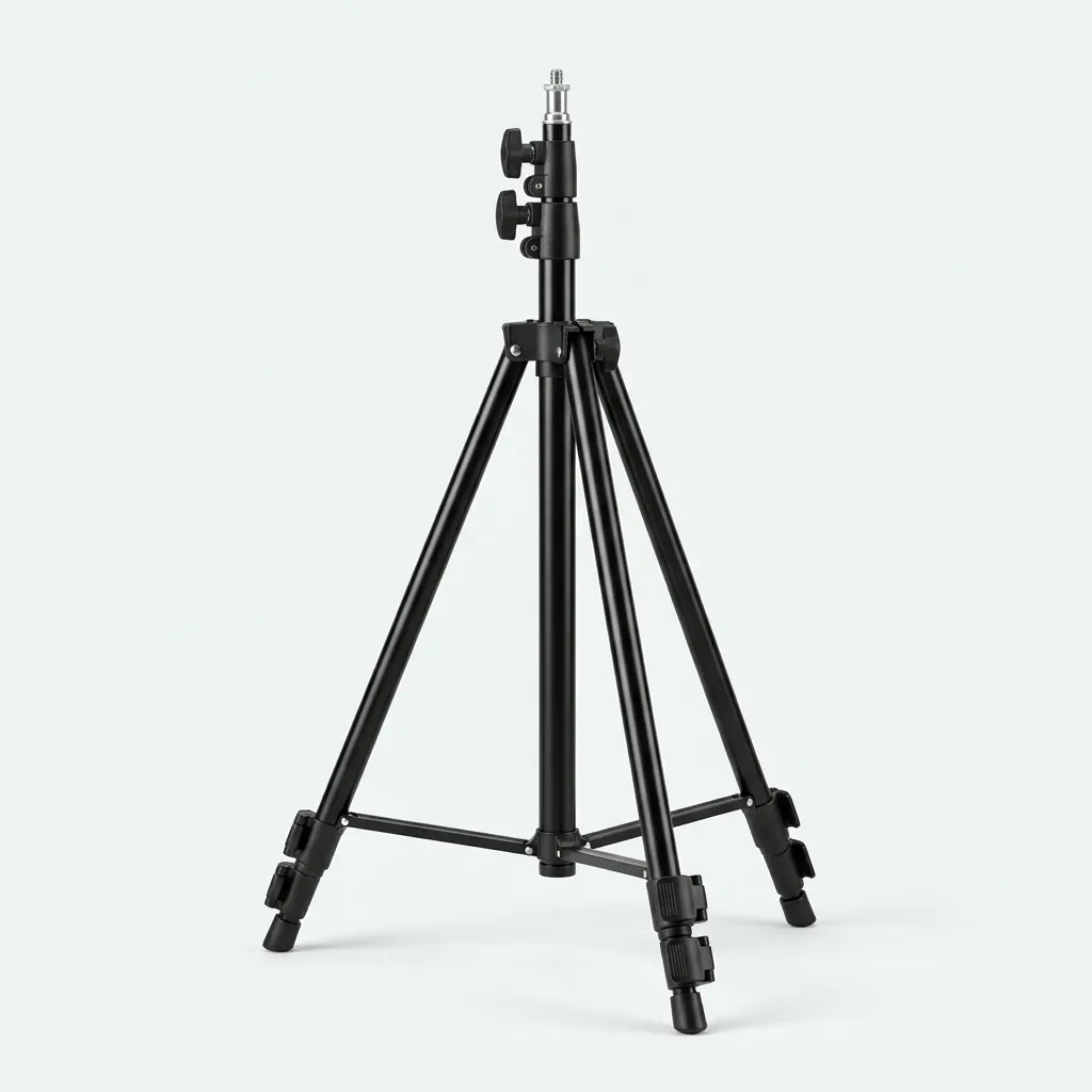 Black adjustable multi-use tripod stand with three support legs and extendable center column