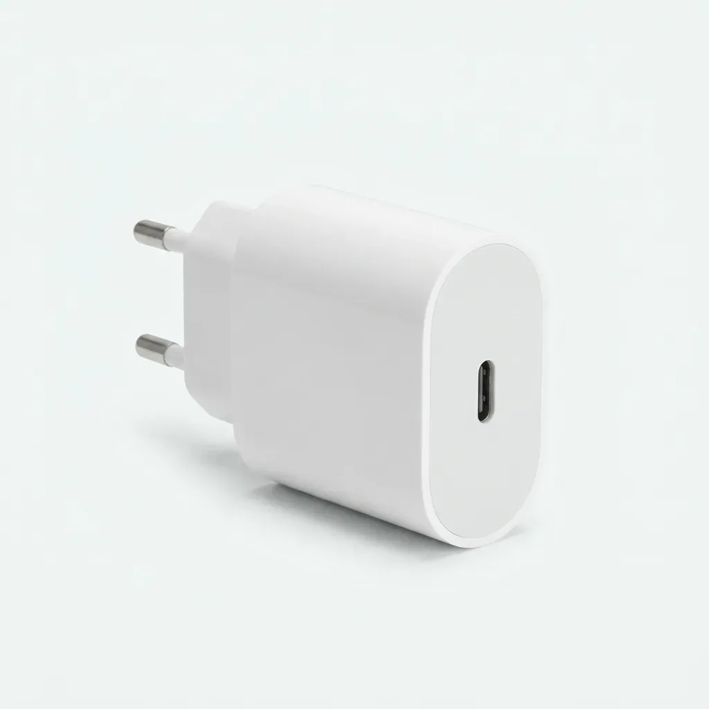 White USB-C Power Delivery wall adapter with a single USB-C port and fixed two-round-pin plug.