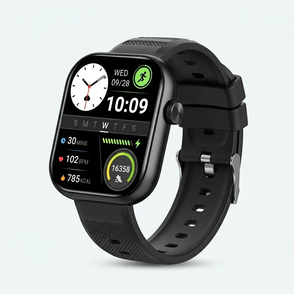 itel Smart Watch Fit O20 black smartwatch with rectangular HD display and black strap
