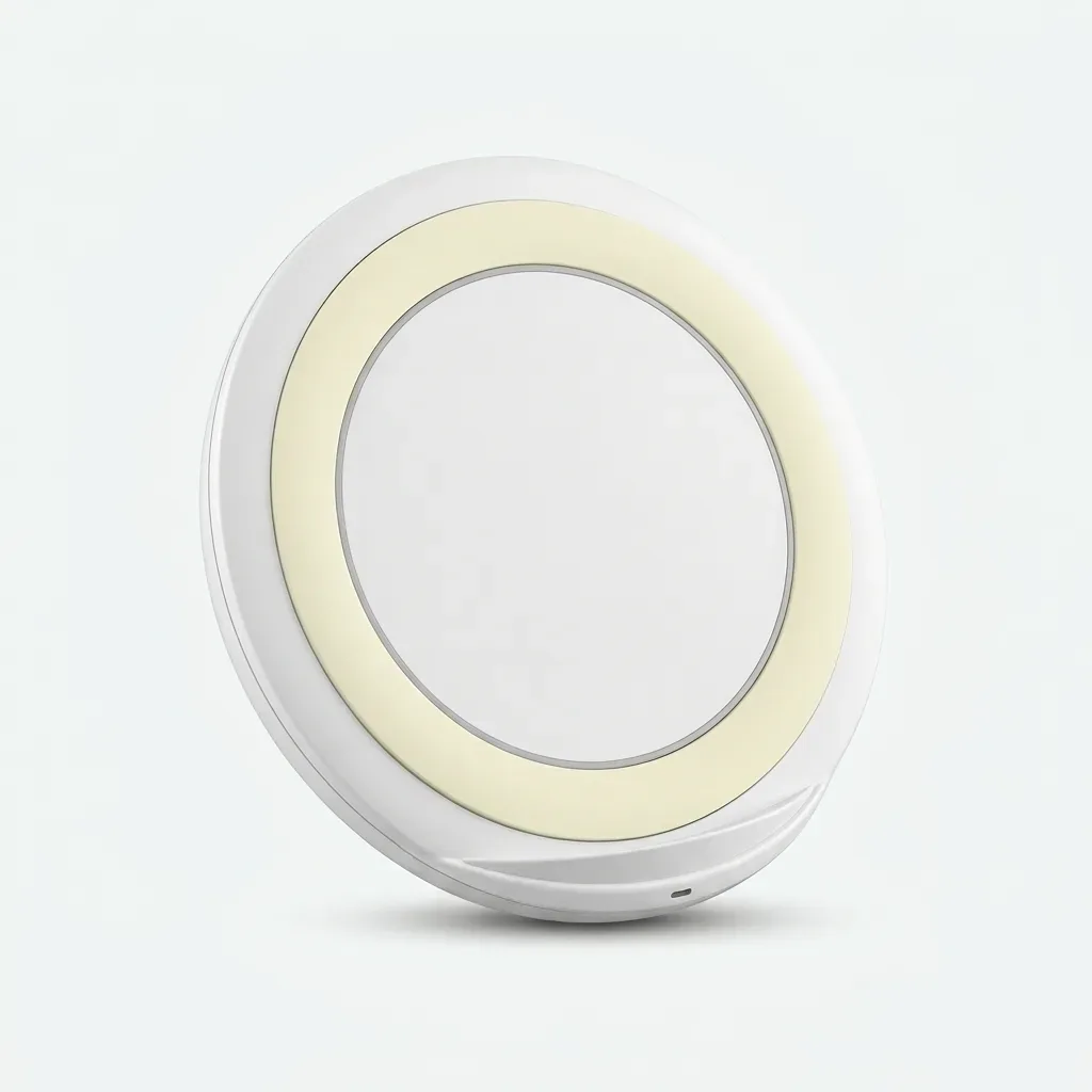 White circular wireless fast charging pad with illuminated charging ring