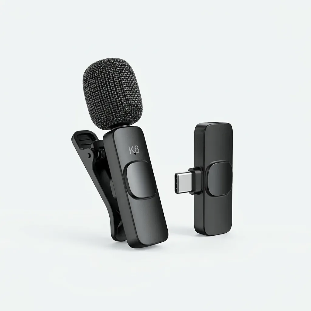 K8 black wireless clip-on microphone with foam windscreen, receiver and charging case shown beside a smartphone
