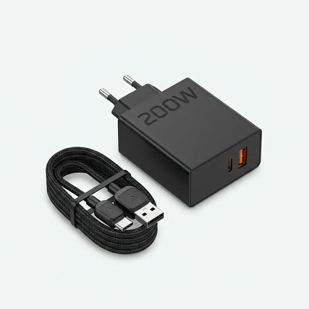 Kingdake 200W Max black wall power adapter with braided charging cable on a white background