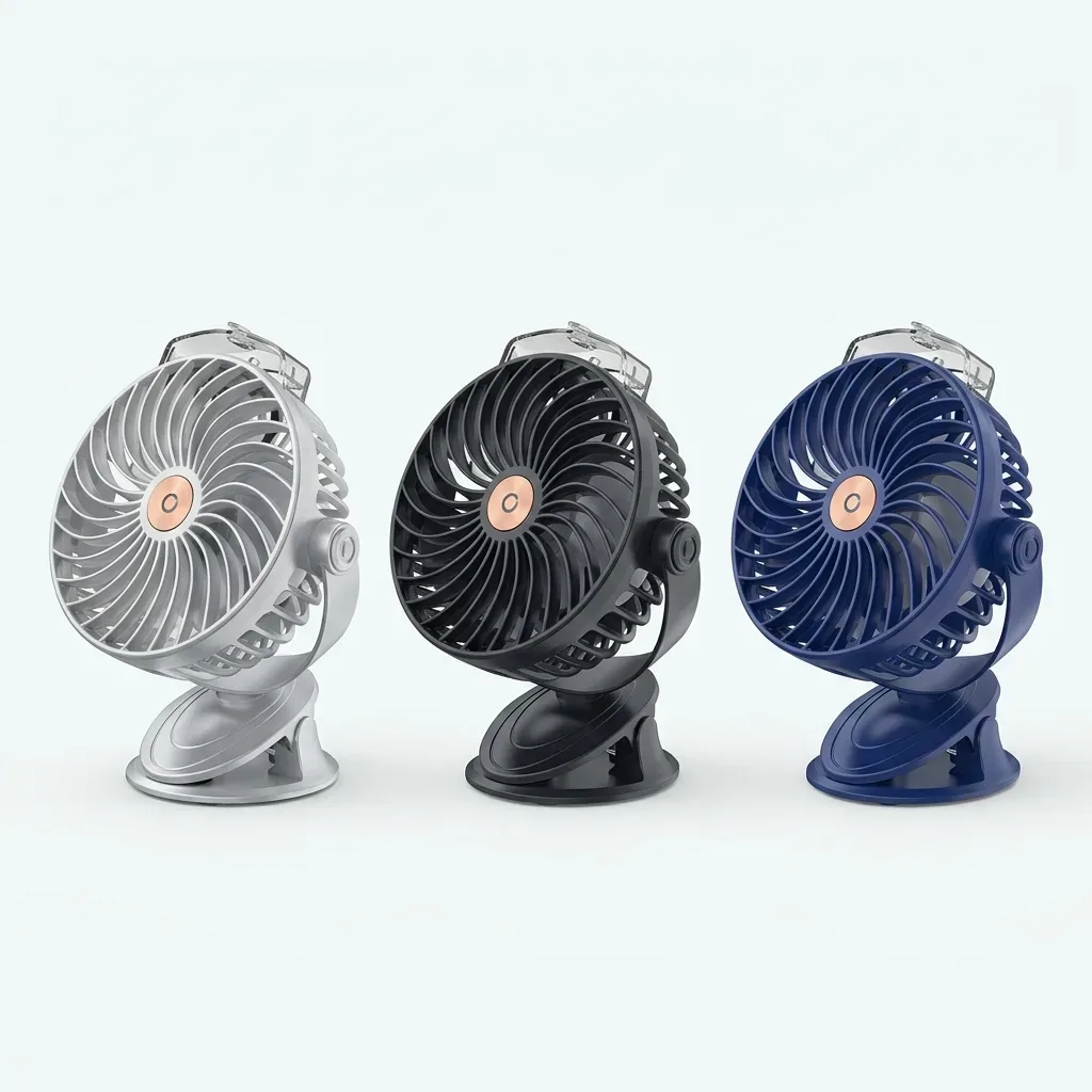 Portable clip spray fans displayed in grey, black and blue color options
