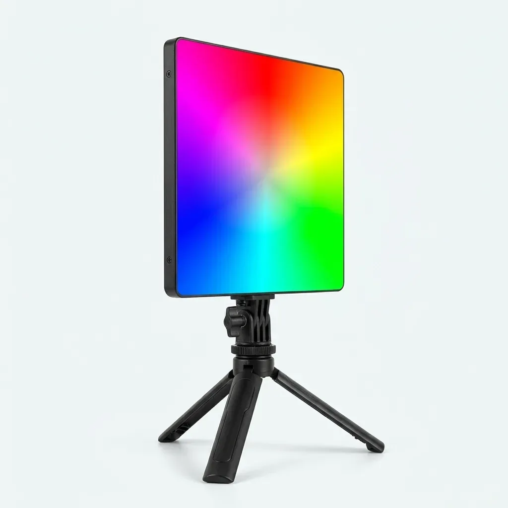 PLOKAMA LIVE-P19 Pro RGB LED panel light mounted on a small tripod stand
