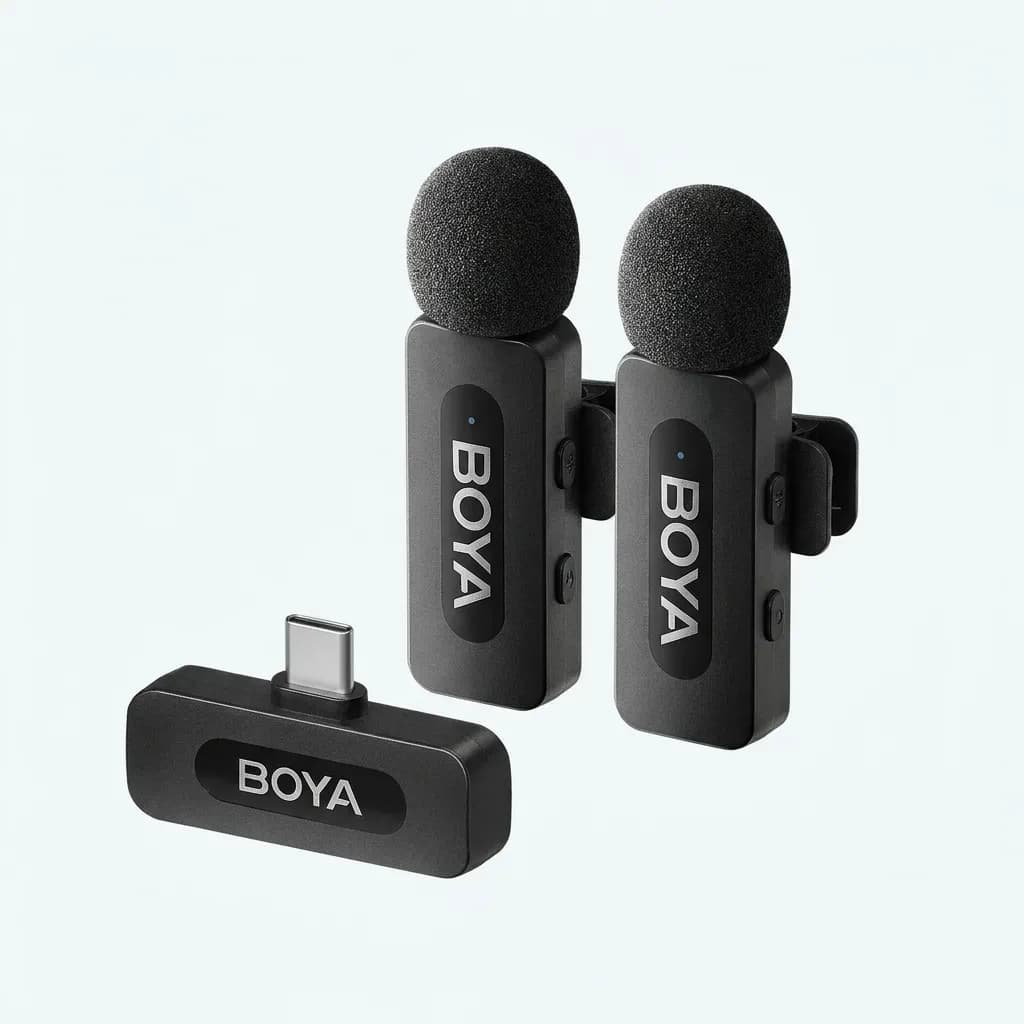 BOYA BY-V20 black wireless microphone system featuring two clip-on microphones with foam windscreens and a compact USB-C receiver on a white background.