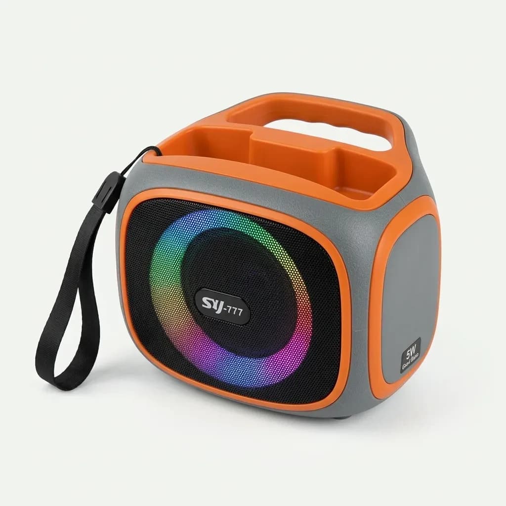 SY-777 orange and grey wireless speaker with colorful RGB front light, built-in handle, phone stand and carrying strap