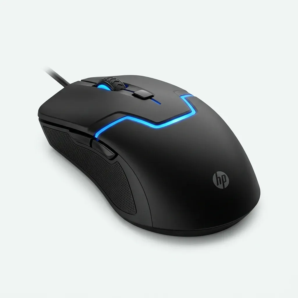 HP M100 black wired gaming mouse with blue illuminated accents