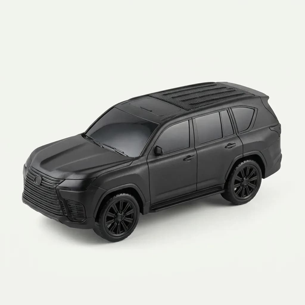Black SUV-shaped 10W wireless speaker with automotive-inspired design, shown on a clean white background