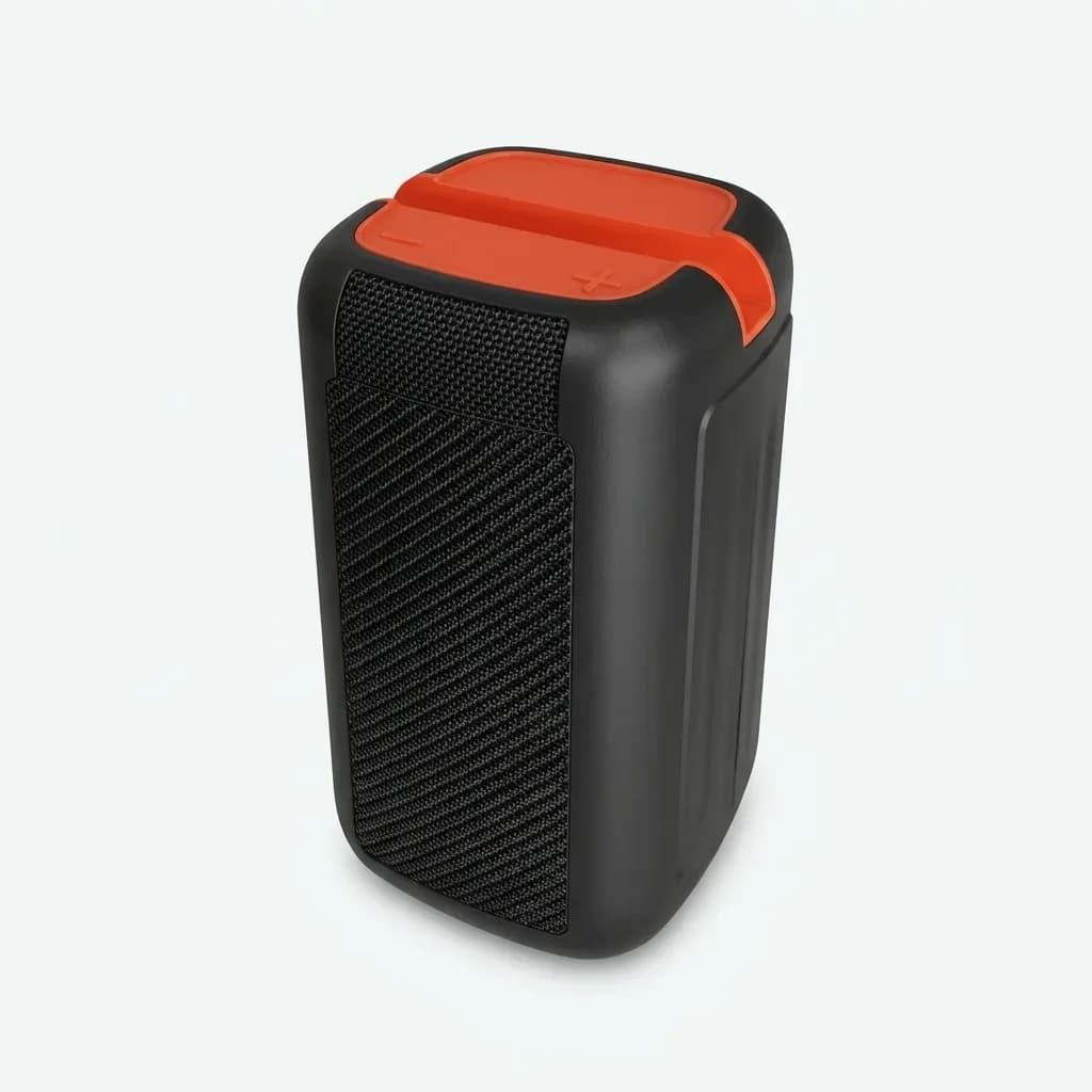Black ERTMT SE-T23 portable speaker with red top controls on a white background
