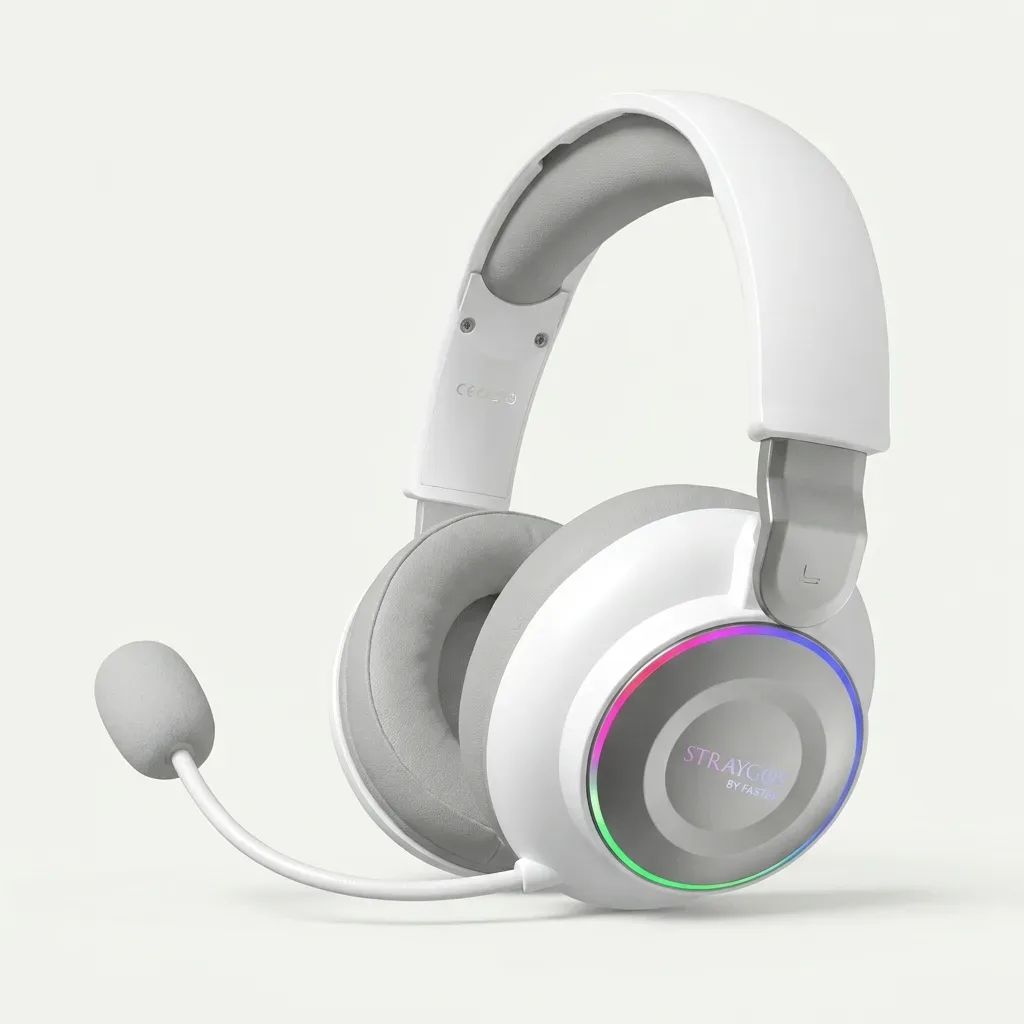 FASTER STRAYGOS white wireless gaming headset with gray cushioned earcups, padded headband, foam-covered boom microphone and multicolor LED ring on a light background.