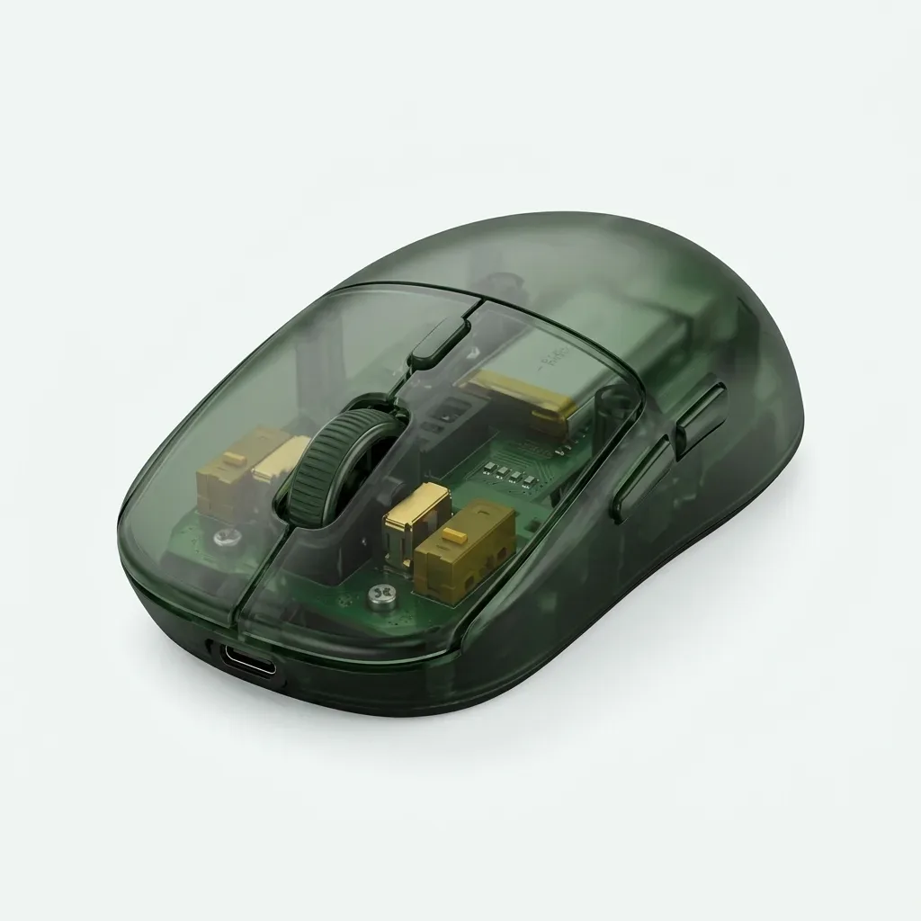 MS-038B transparent green rechargeable wireless mouse with scroll wheel and side buttons