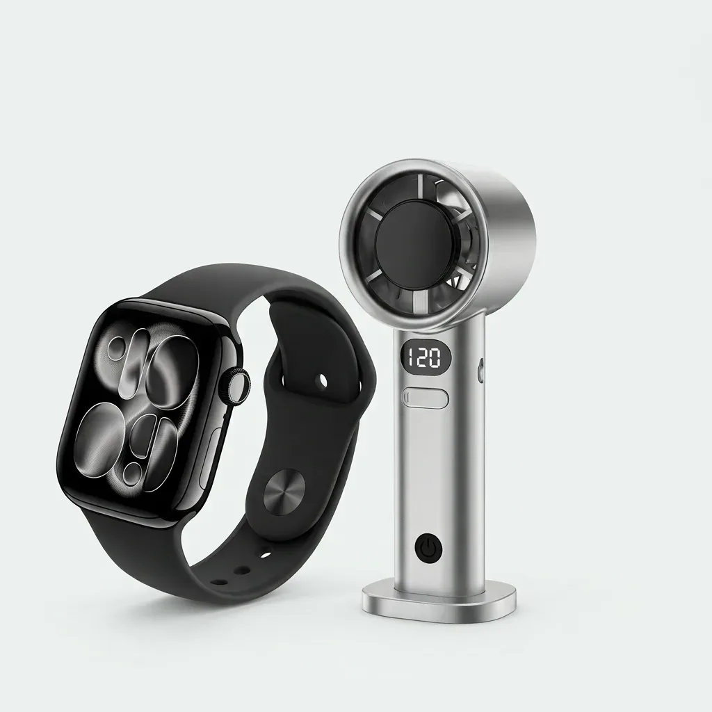 Black smartwatch with AMOLED display beside silver handheld fan with digital display
