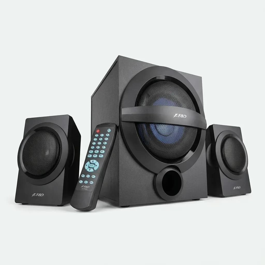 F&D A140X black 2.1 multimedia speaker system with subwoofer, two satellite speakers and remote control