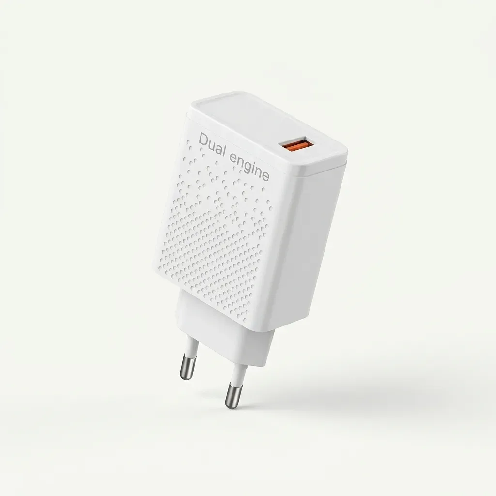 White Dual engine USB-A charger with a textured dotted body, orange charging port and fixed two-round-pin plug.