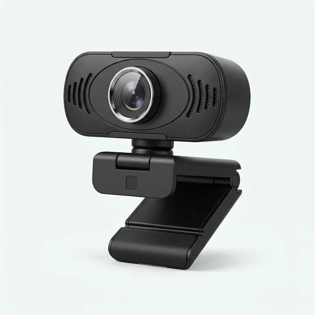 Black clip-on webcam with central camera lens and adjustable mounting clip