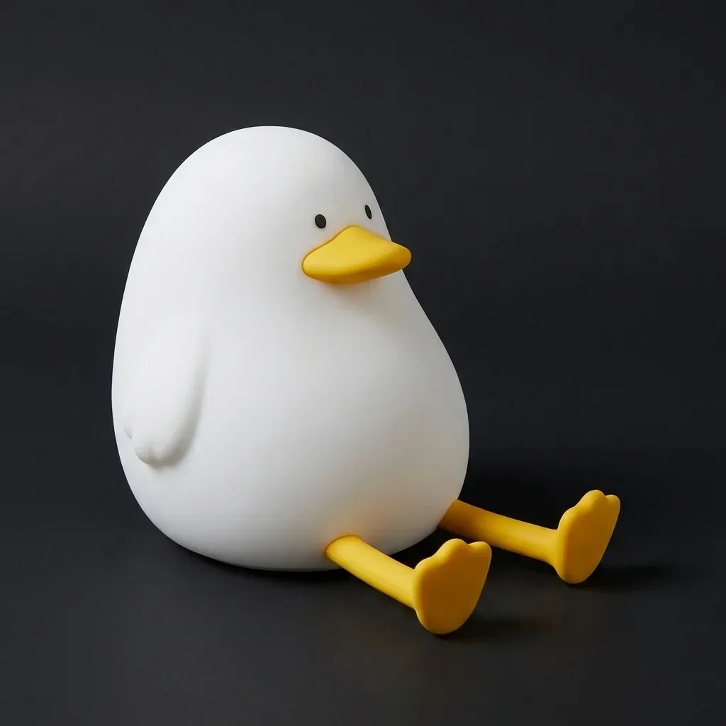 Cute white duck night light with a rounded body, yellow beak, small black eyes, tiny wings, and dangling yellow feet, displayed against a dark background.