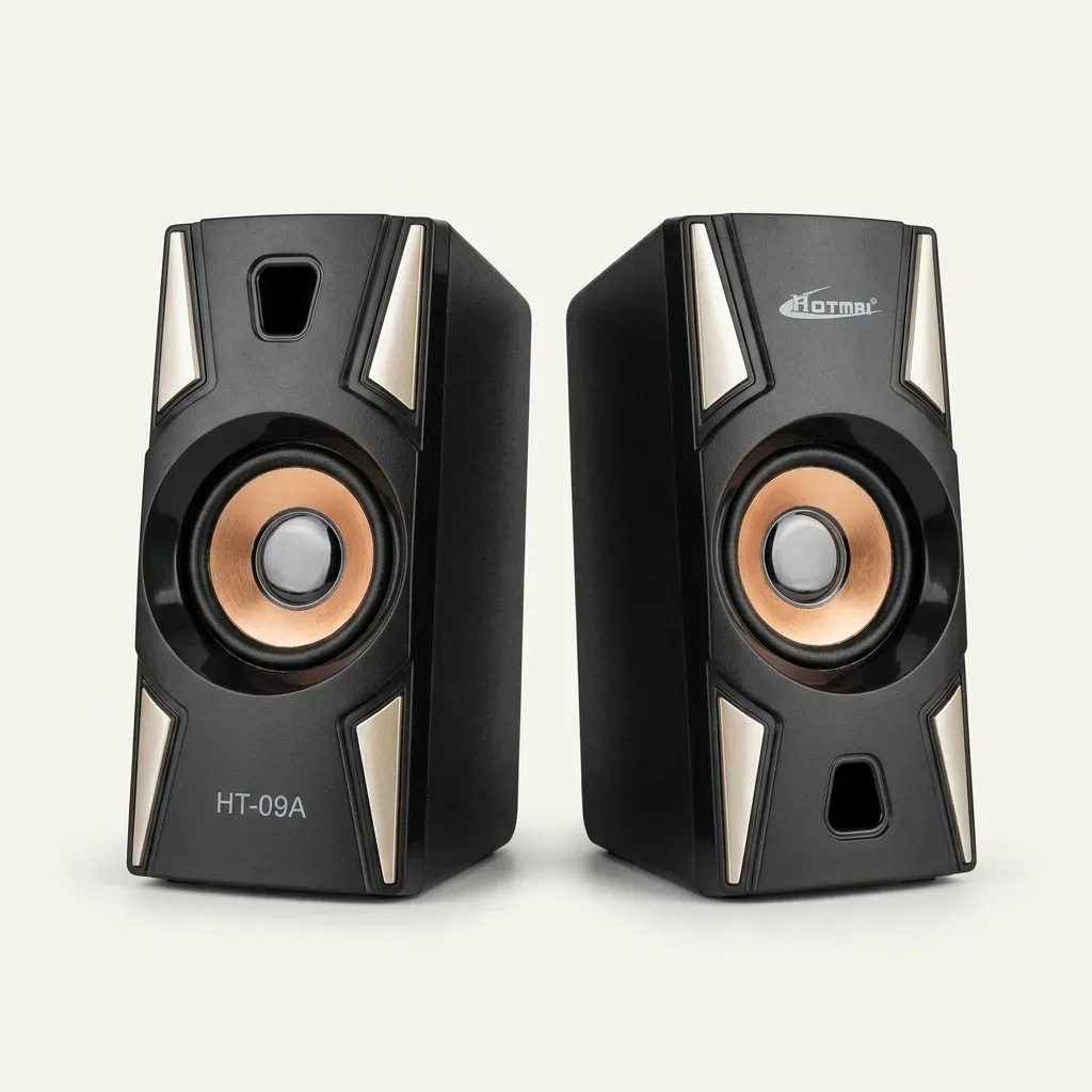 Hotmai HT-09A black multimedia speaker pair with gold-toned accents and circular speaker units