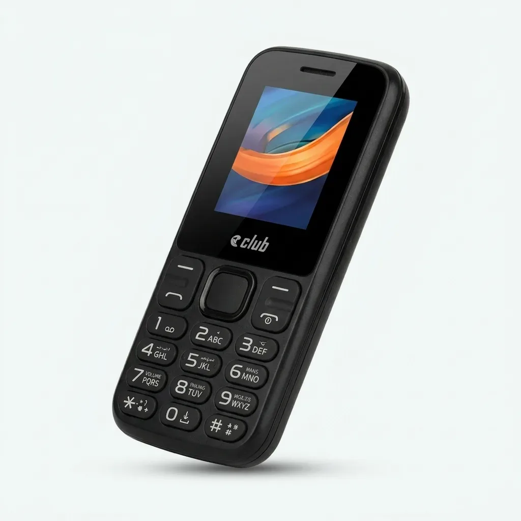 Black Club candy-bar feature phone with a colour display, navigation button and alphanumeric keypad.