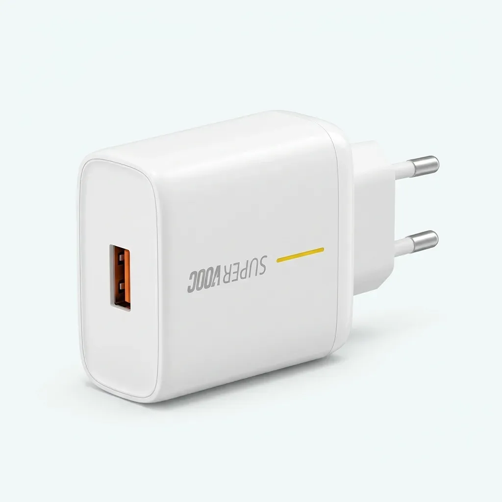 White SUPERVOOC charger with a single orange USB-A port, yellow accent line and fixed two-round-pin plug.