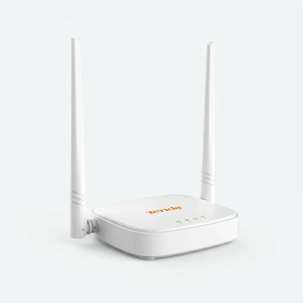 Tenda N301 white wireless router with two external white antennas and front status indicators