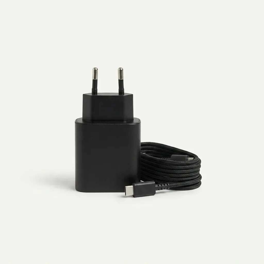 Black Samsung 45W USB-C power adapter with included braided USB-C to USB-C charging cable on a white background
