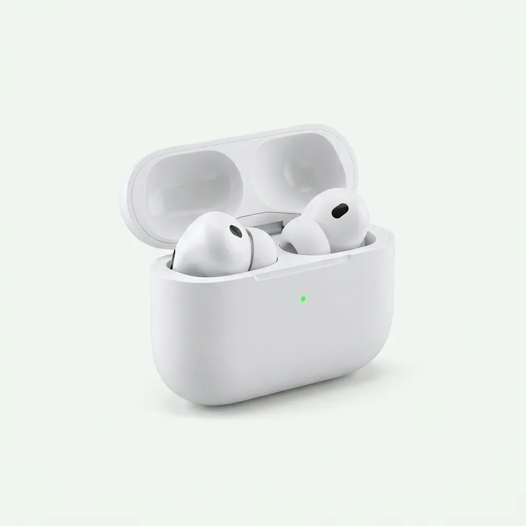 White in-ear wireless earbuds stored inside an open white charging case with a green LED indicator.