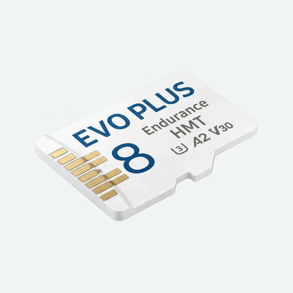 White Samsung EVO Plus 8GB microSD memory card with gold contact pins and printed U3, A2 and V30 markings on a clean white background.