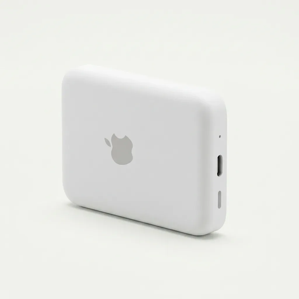 White magnetic wireless battery pack with a rounded rectangular body, Apple-style logo and visible side charging port on a light background.