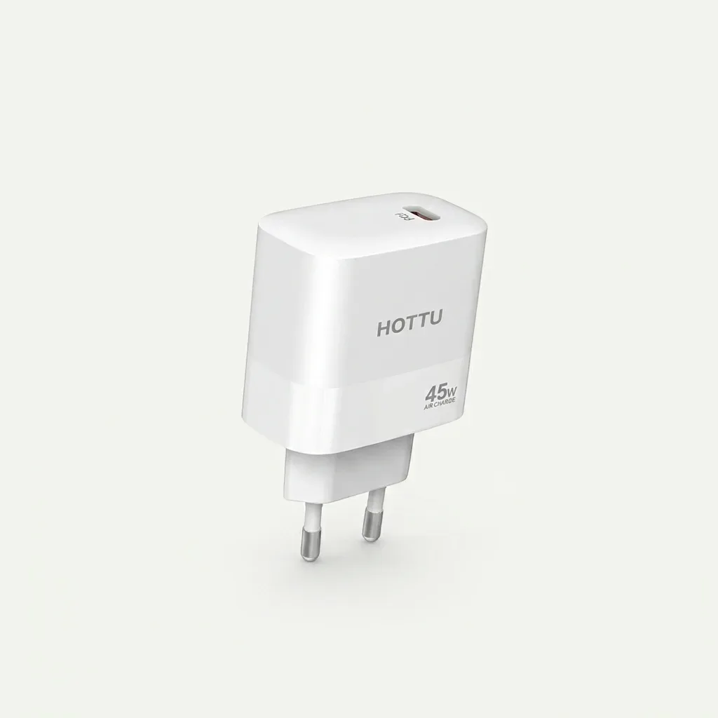 HOTTU FC09 white 45W GaN dual-port wall charger with USB-C and USB-A outputs on a white background