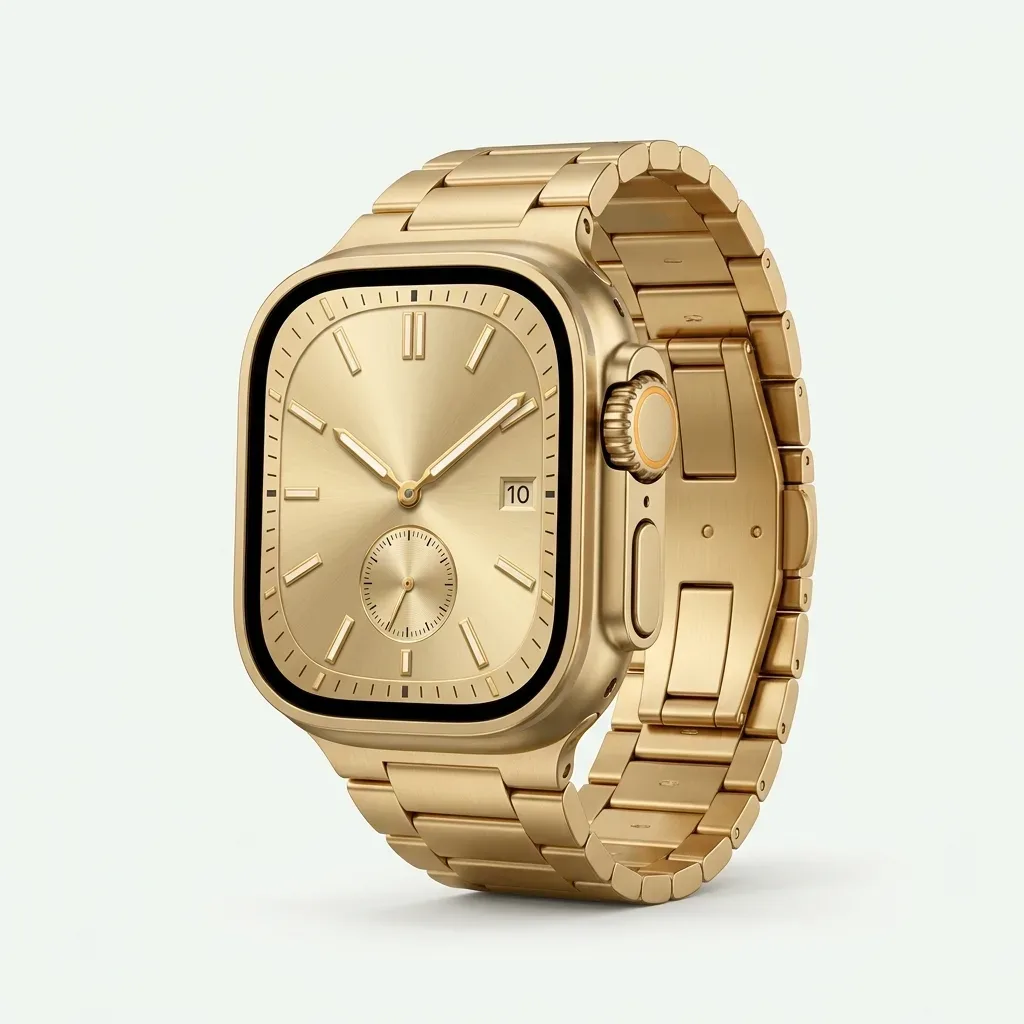 G9 Ultra Pro gold smartwatch with rectangular display and gold-tone link bracelet