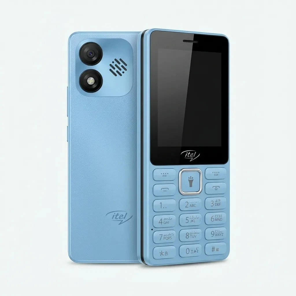 itel NEO R60+ blue 4G mobile phone shown from the front and back, featuring a color display, physical numeric keypad and rear camera module on a white background.