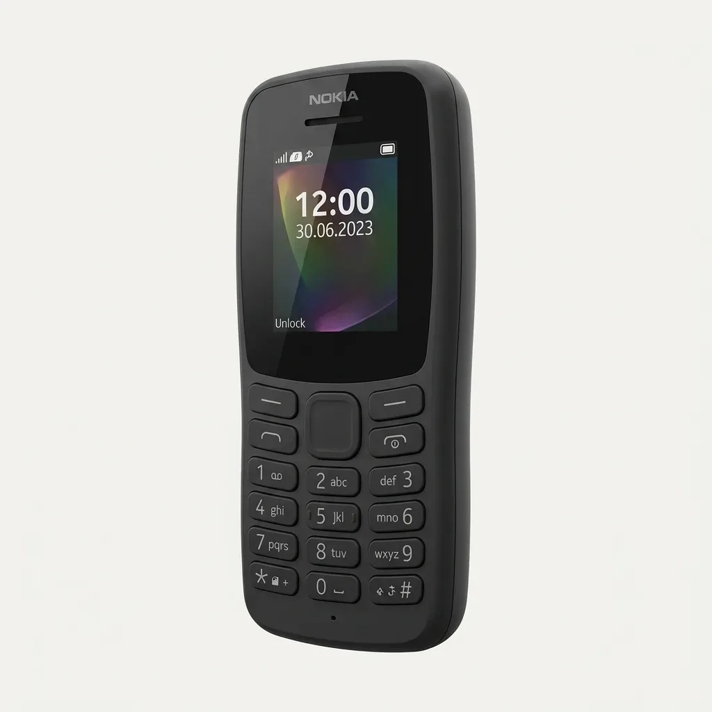 Black Nokia 106 keypad mobile phone with a color display, physical numeric keypad, central navigation button and Nokia branding on a white background.