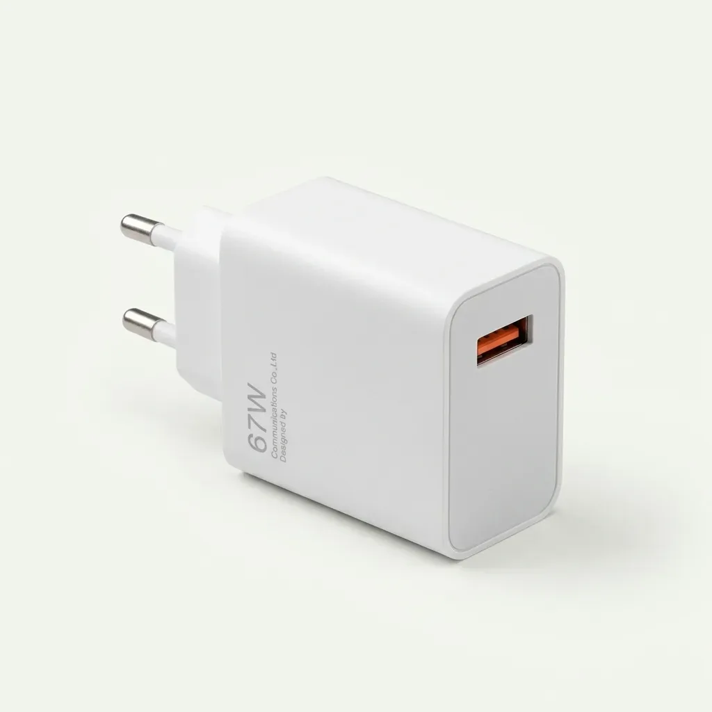 White Xiaomi 67W wall adapter with a single orange USB-A port and fixed two-round-pin European plug.