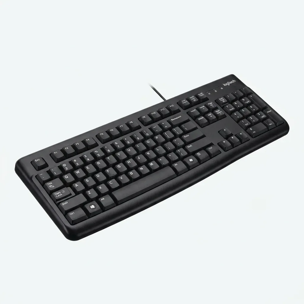 Black Logitech K120 wired keyboard with a full-size key layout, numeric keypad, function keys and USB cable on a white background.