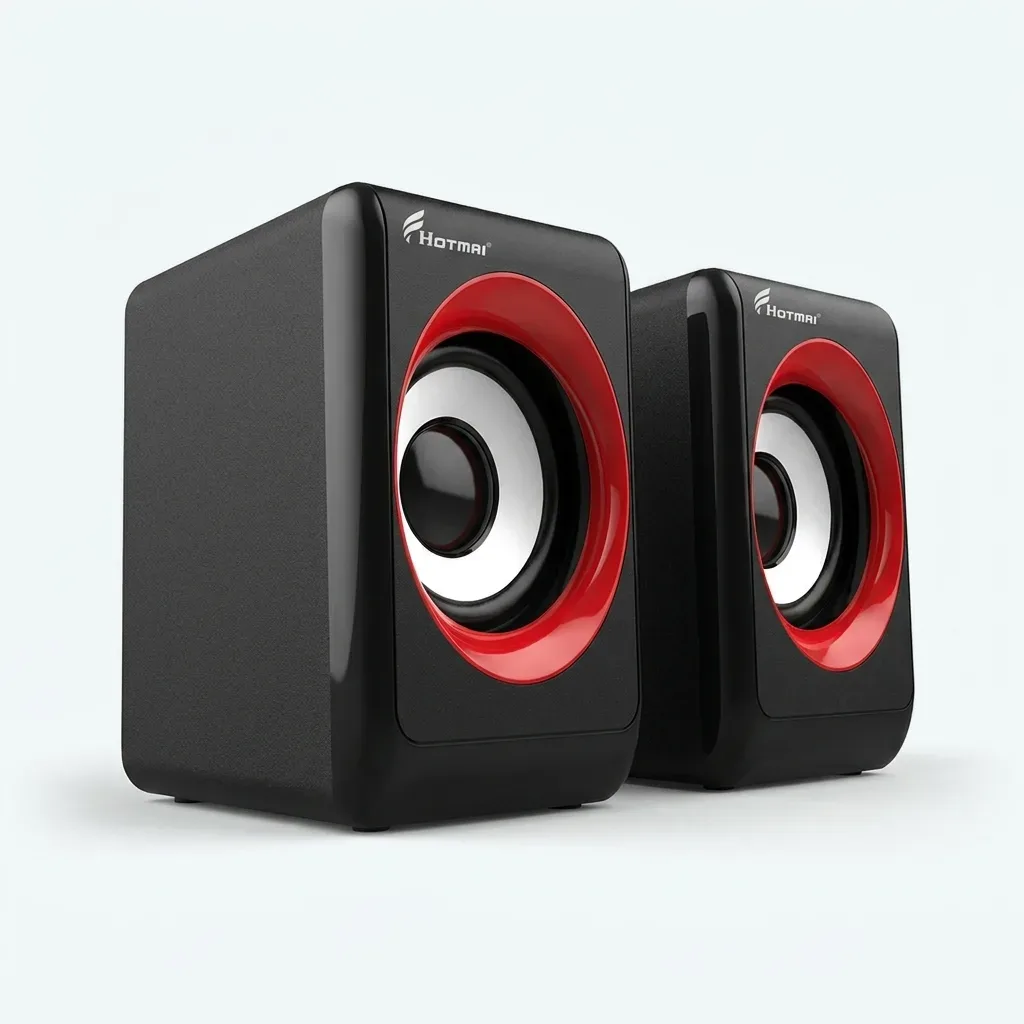 Pair of HOTMAI HT-208 black multimedia speakers with red trim and silver-coloured cones on a light background.