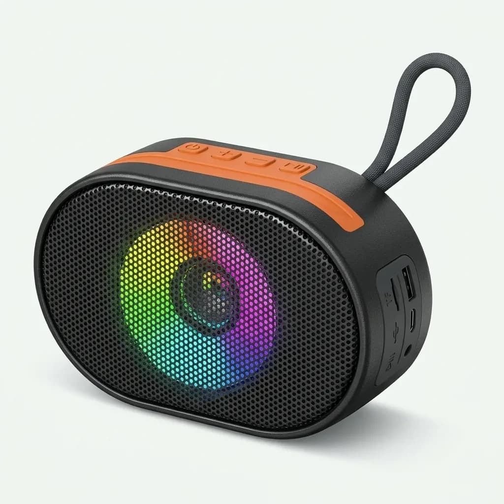 A-768 black and orange bass speaker with circular RGB lighting, top control buttons and carrying loop