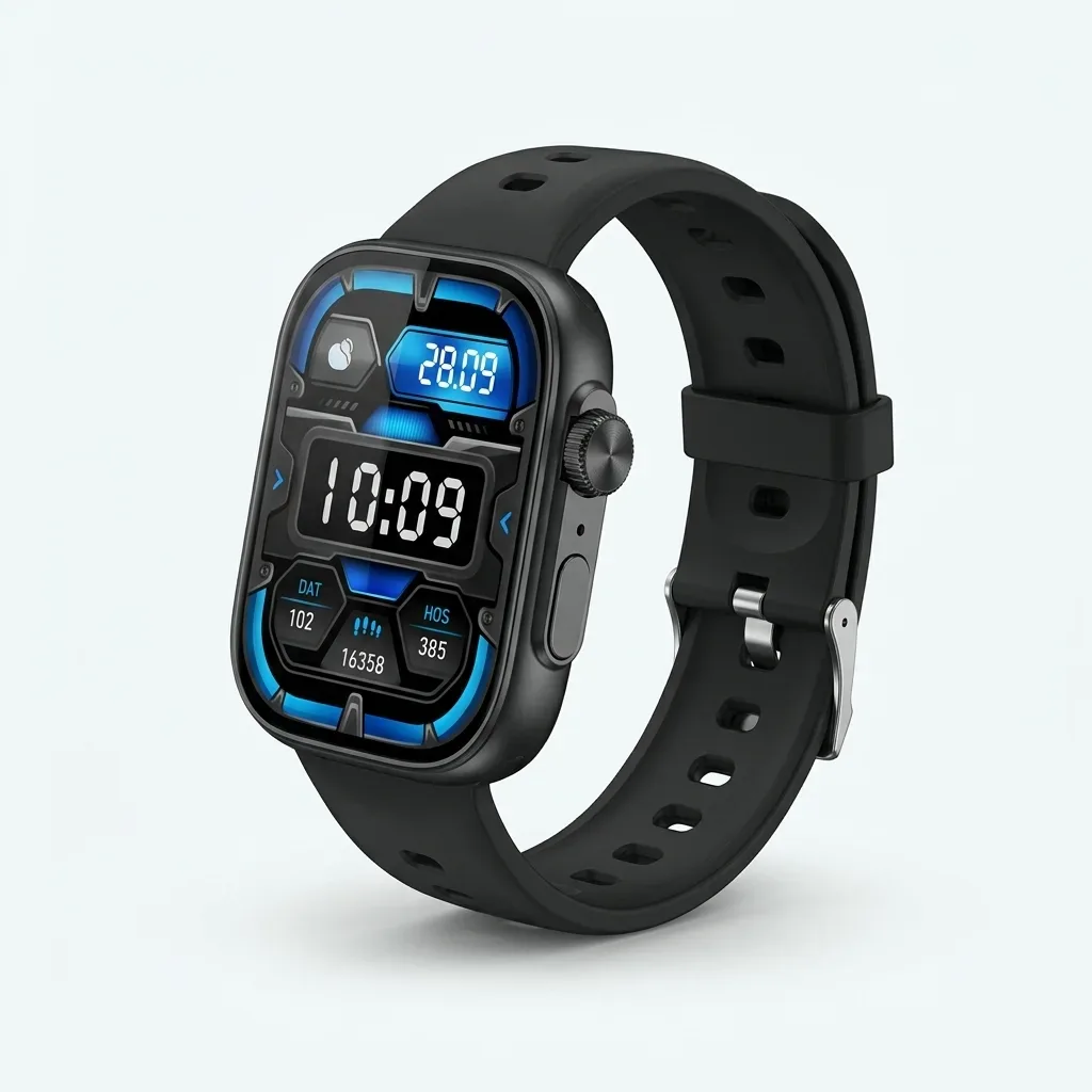 itel Smart Watch Storm Ultra black smartwatch with rectangular display, black strap and side crown