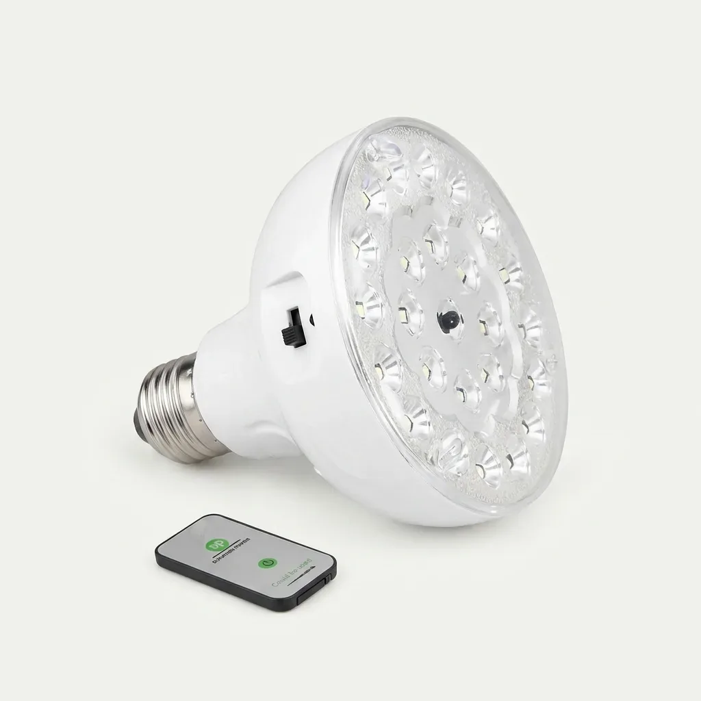 White rechargeable LED emergency bulb with a circular LED panel, metal screw base, side switch and wireless remote control on a white background.