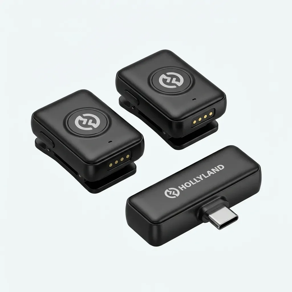 Hollyland LARK A1 Mini Duo black wireless microphone system featuring two compact clip-on transmitters and one USB-C receiver on a white background.