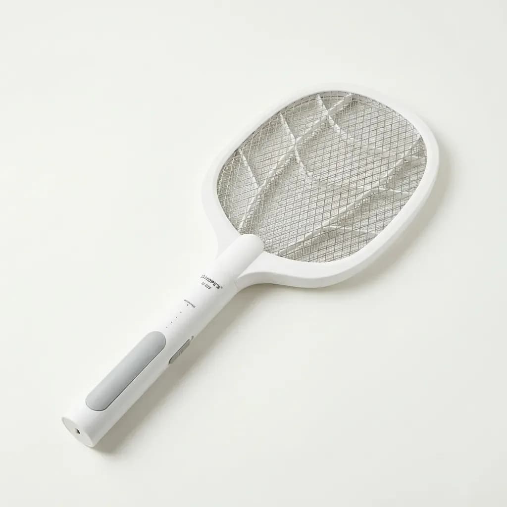 HOPE'S H-825 white rechargeable electric mosquito swatter with mesh grid, gray handle grip and racket-shaped design on a white background.