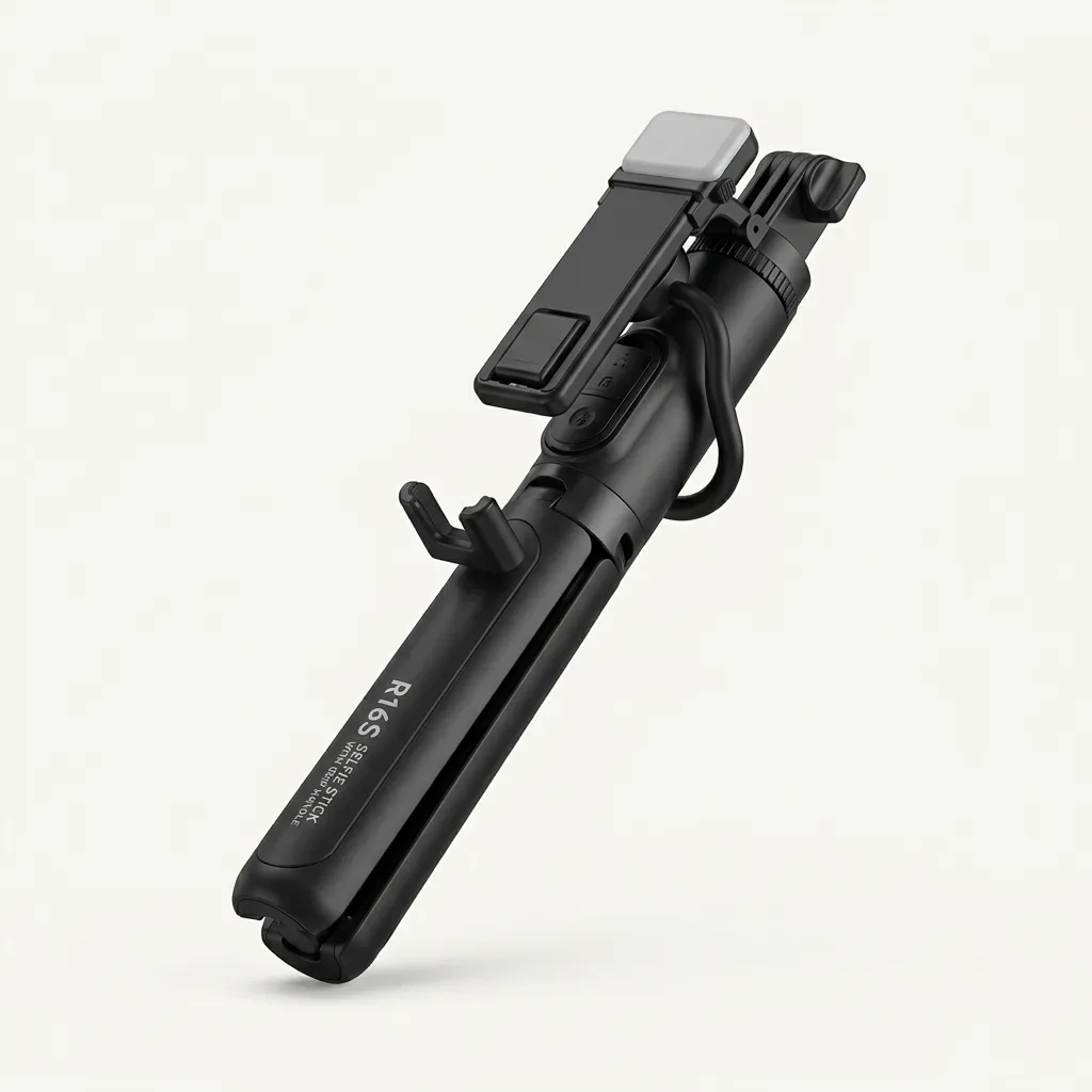 R16S black foldable selfie stick with adjustable phone holder and grip handle