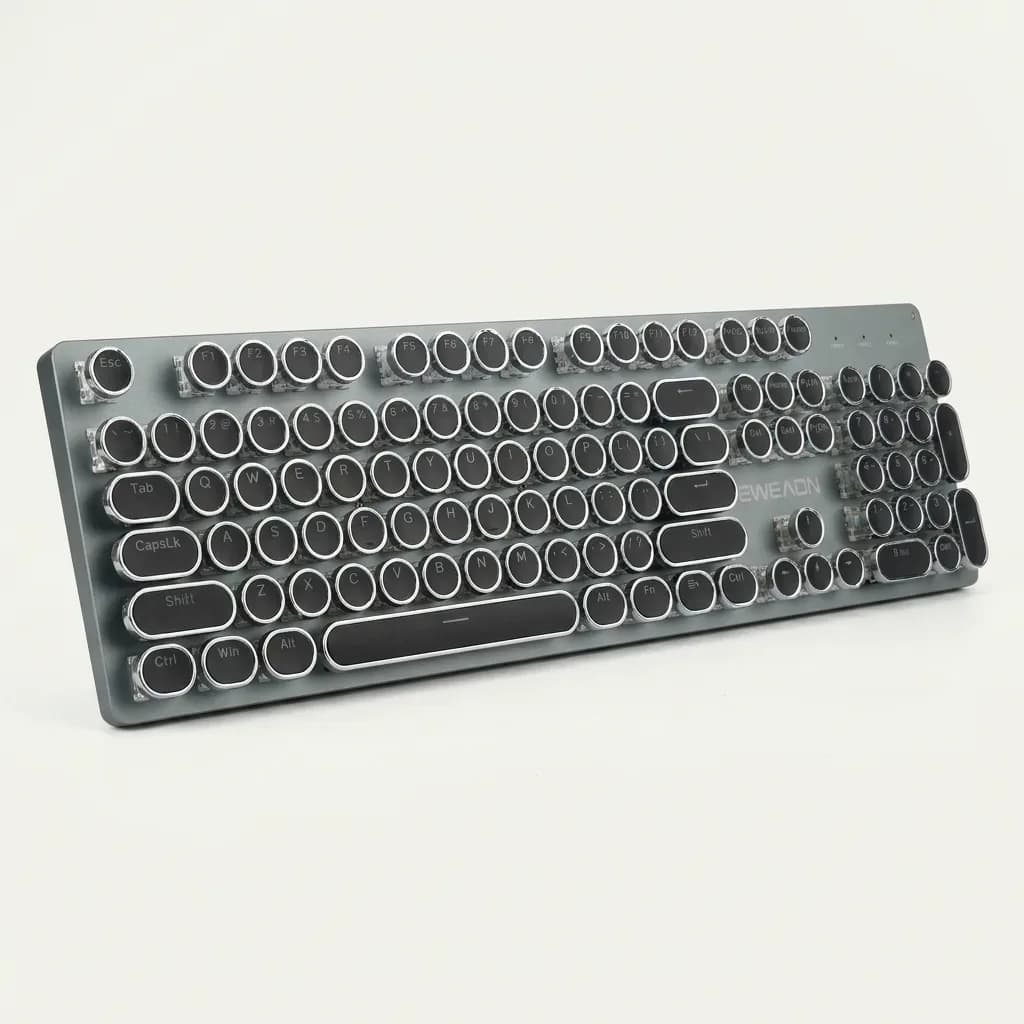 Black and silver-colored EWEADN retro keyboard with circular keys, raised key housings and a dedicated numeric keypad on a white background.