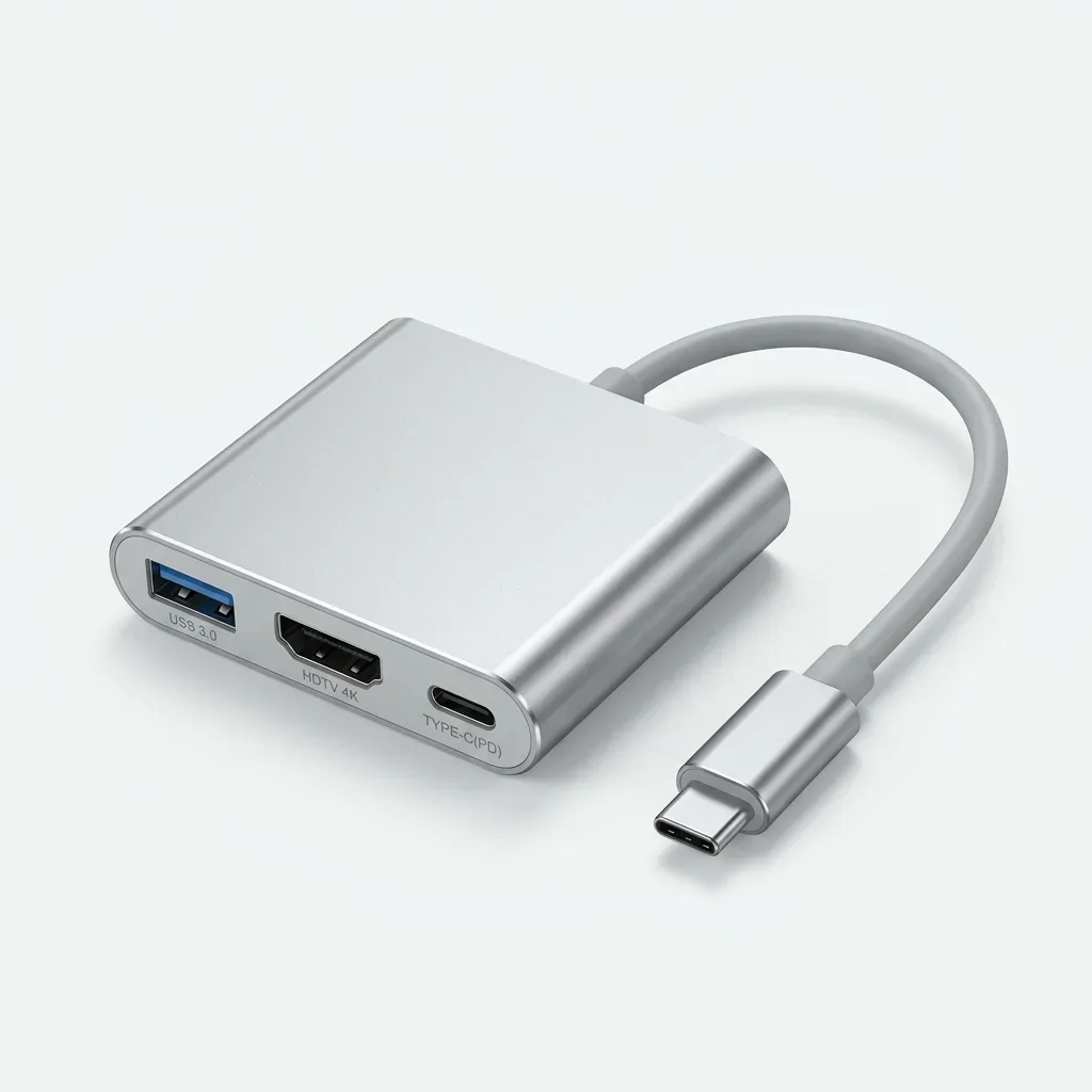Silver Type-C to HDTV 3-in-1 adapter with USB 3.0, HDTV 4K and Type-C PD ports
