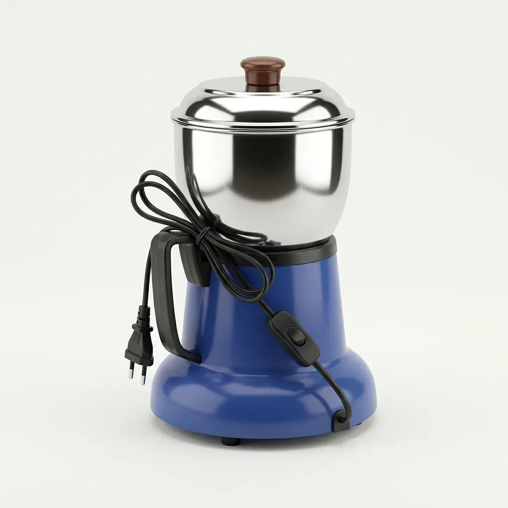 Blue electric mixer grinder with stainless steel jar, lid, handle and power cord