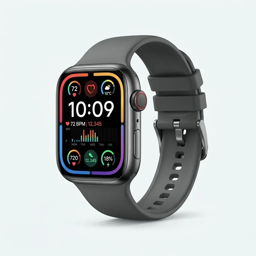 TW38 Plus black smart watch with rectangular color display, adjustable strap and side control crown