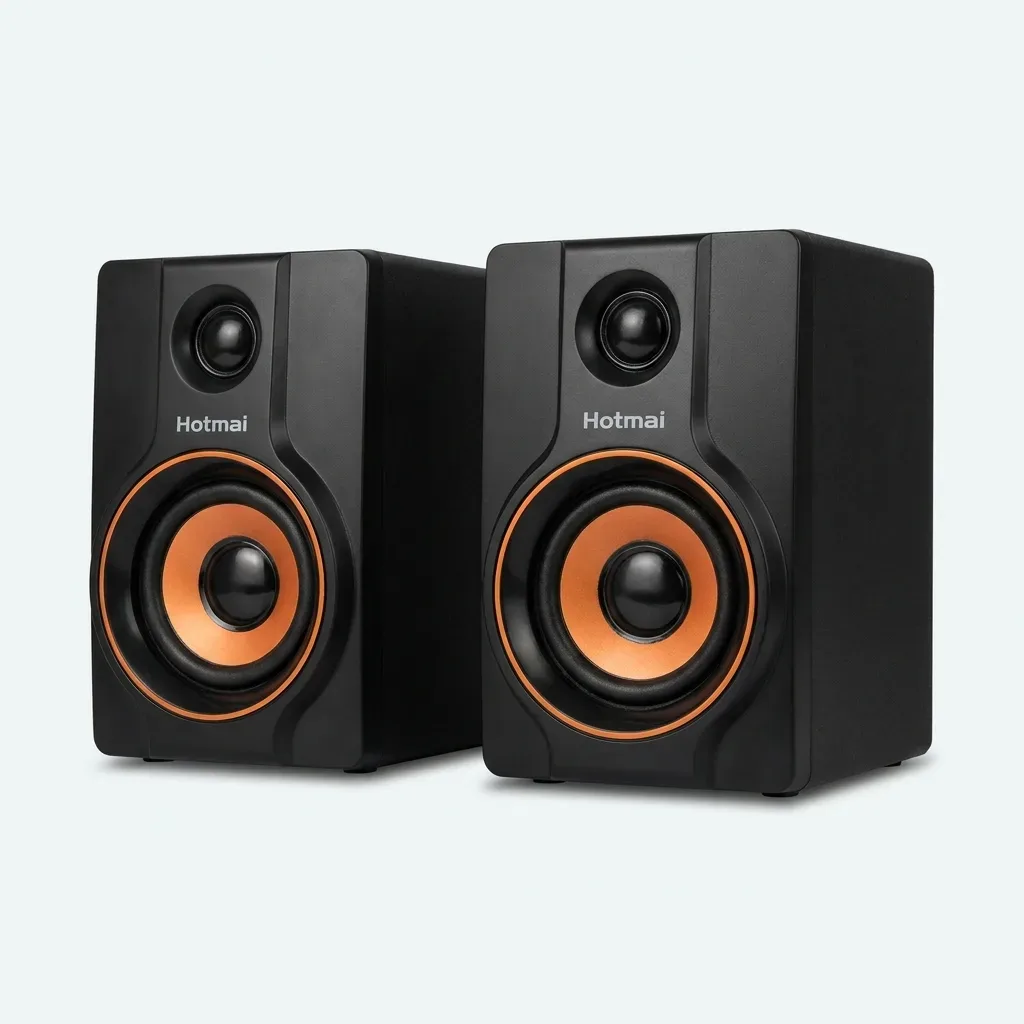 Hotmai HT-09A black and orange 2.0 multimedia speaker pair with compact desktop design