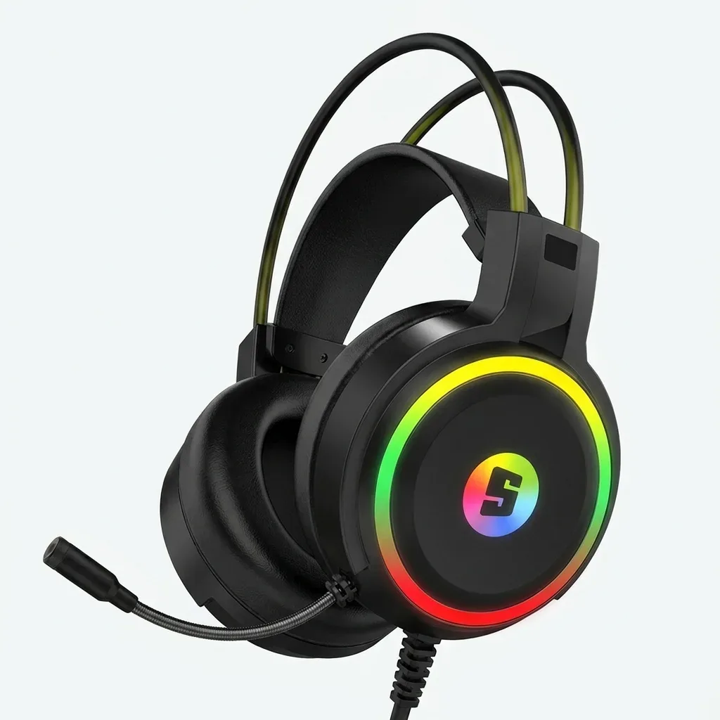 Black SPACE RAZOR R1 over-ear gaming headset with illuminated RGB earcup ring, SPACE logo, flexible boom microphone and wired cable.