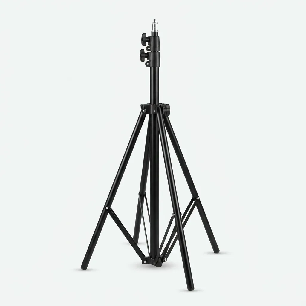 Professional black adjustable camera and light tripod stand with telescoping legs and center column